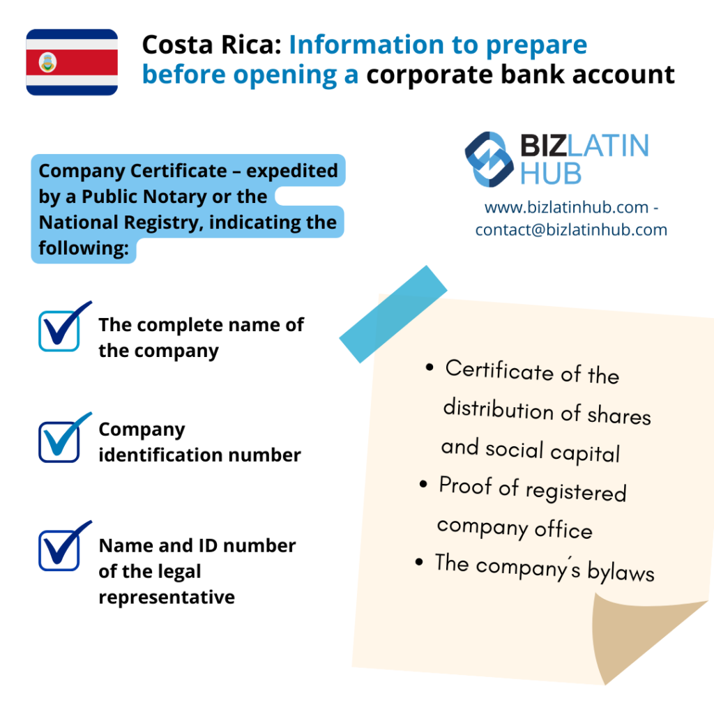Some documents and information you should prepare when opening a corporate bank account in Costa Rica. An article and an infographic from Biz Latin Hub.