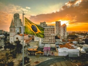 Brazilian  flag waving in the city