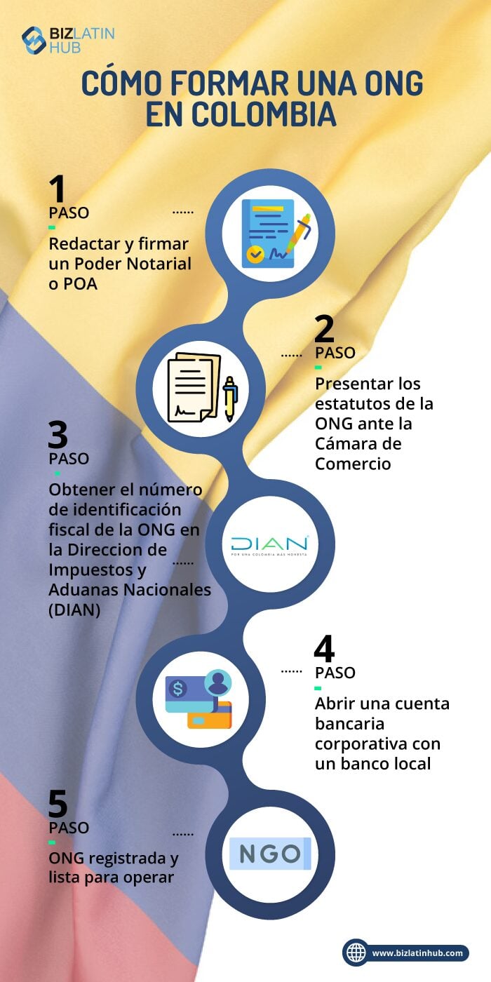 infografia con pasos para formar ONG en Colombia