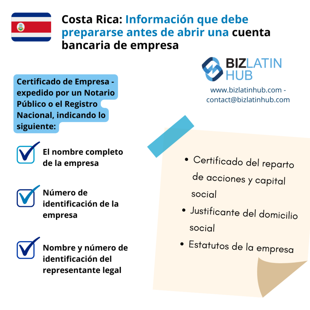 Algunos documentos e información que debe alistar al momento de abrir una cuenta bancaria corporativa en Costa Rica. Un artículo y una infografía de Biz Latin Hub.