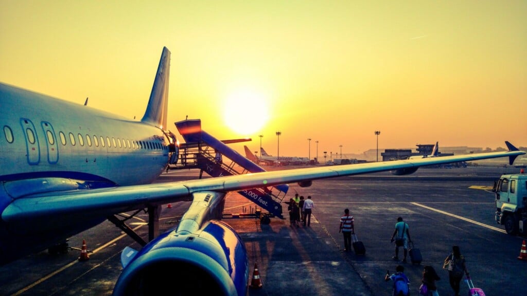 People boarding a flight at an airport