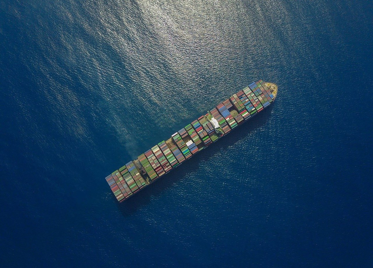 A droneshot of a containership