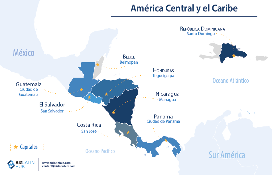 Mapa que representa los países que conforman Centroamérica y el Caribe. Los procesos de registro de marcas difieren de un país a otro.