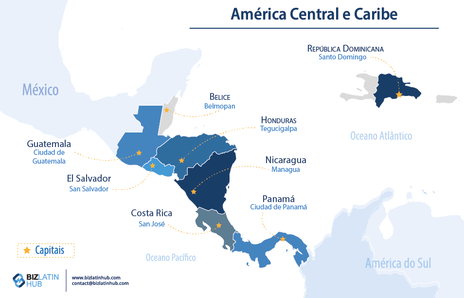 Um mapa que representa os países que compõem a América Central e o Caribe. Os processos de registro de marcas comerciais diferem de país para país.