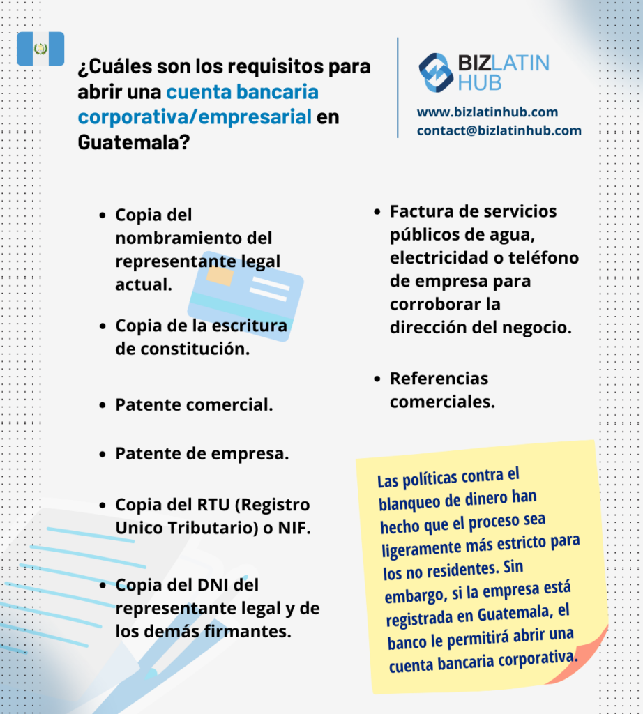 Al abrir una cuenta bancaria en Guatemala, tendrá que tratar estrechamente con el Registro Mercantil. Una infografía sobre los pasos para abrir una cuenta bancaria de empresa en Guatemala realizada por Biz Latin Hub.