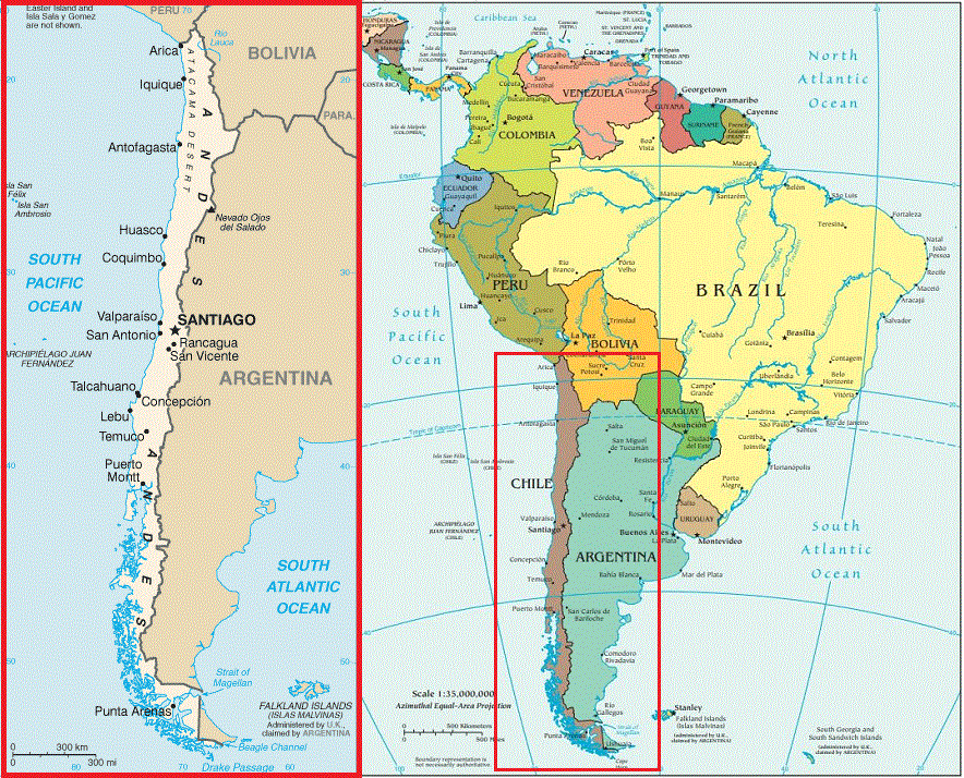 A map of Chile and its location in South America. Chile is considered a hub for startup activity in the region.