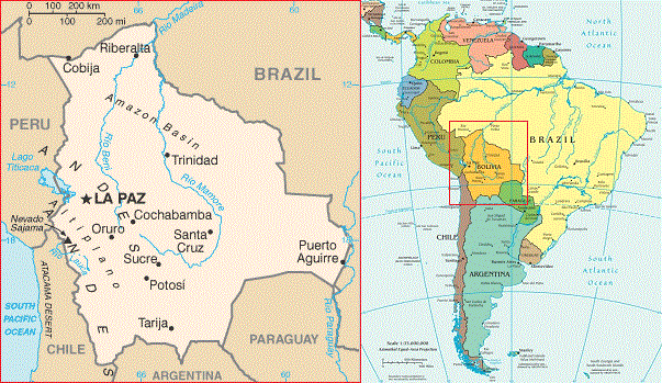 Map of Bolivia within South America, showing major cities where you may wish to register a fiscal address in Bolivia.