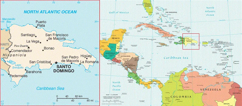 Um mapa que mostra a República Dominicana e onde ela está localizada no Caribe.