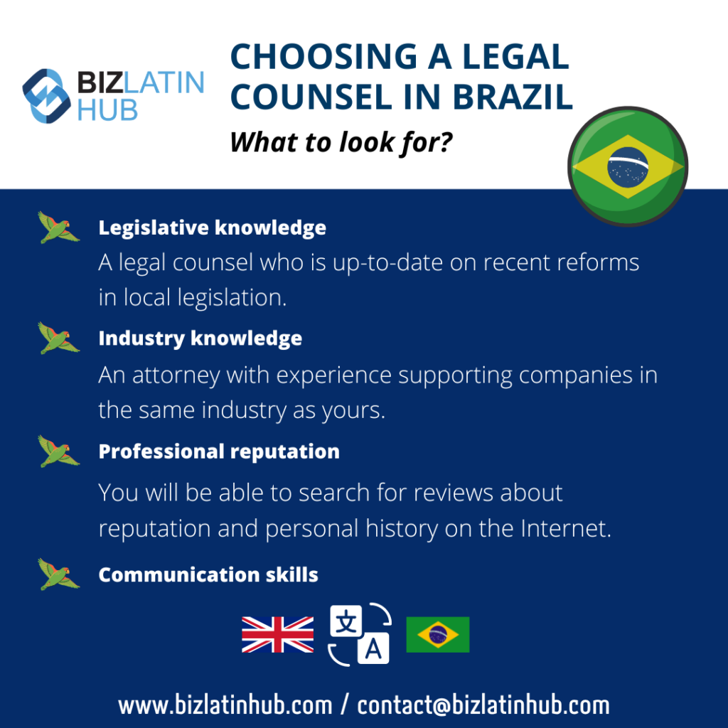 Choosing a legal counsel in Brazil infographic by biz latin hub