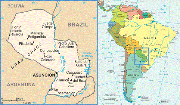 A map of Paraguay and it location in South America