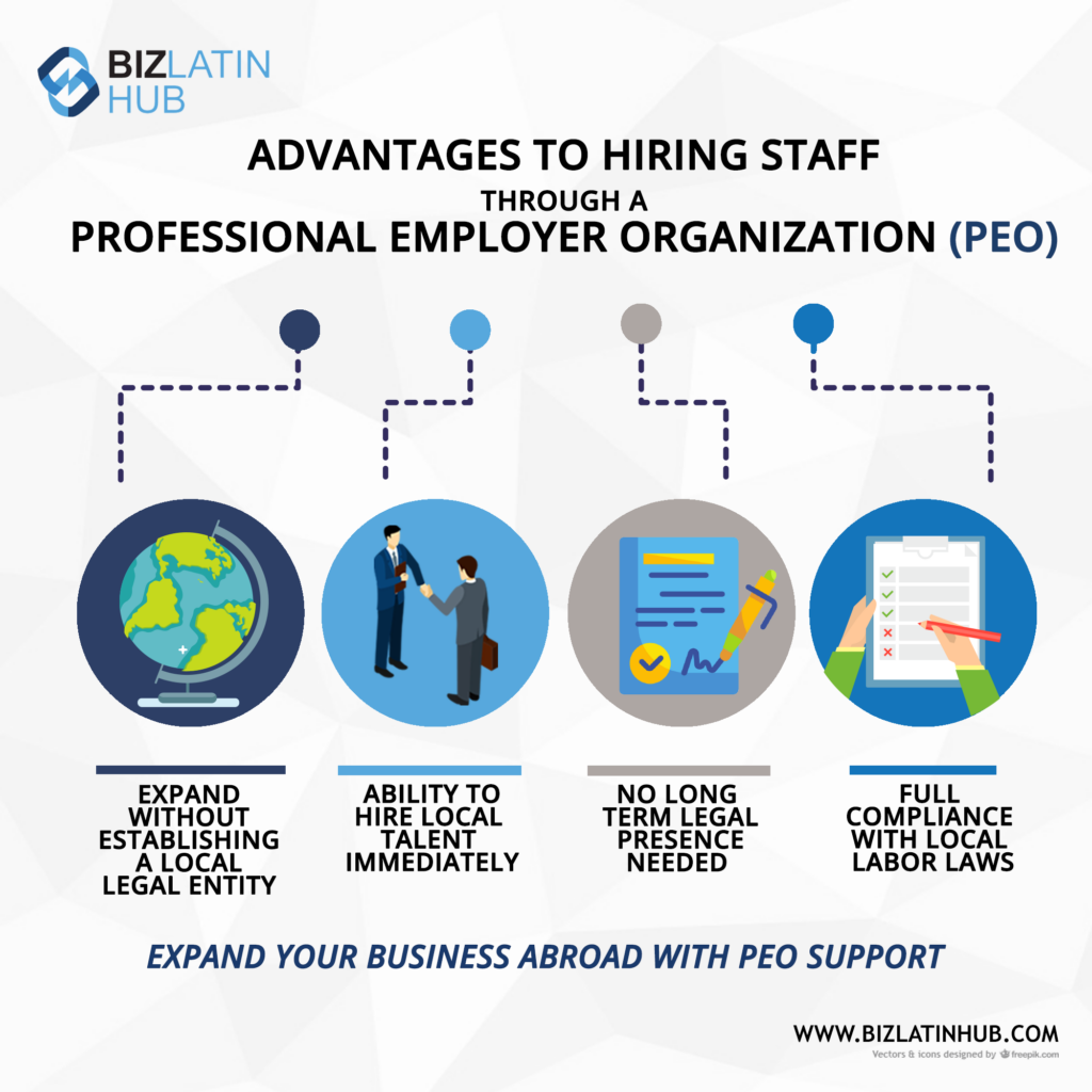 Advantages of hiring staff through a professional employer of record (PEO) and benefits of choosing Payroll Outsourcing in Peru.