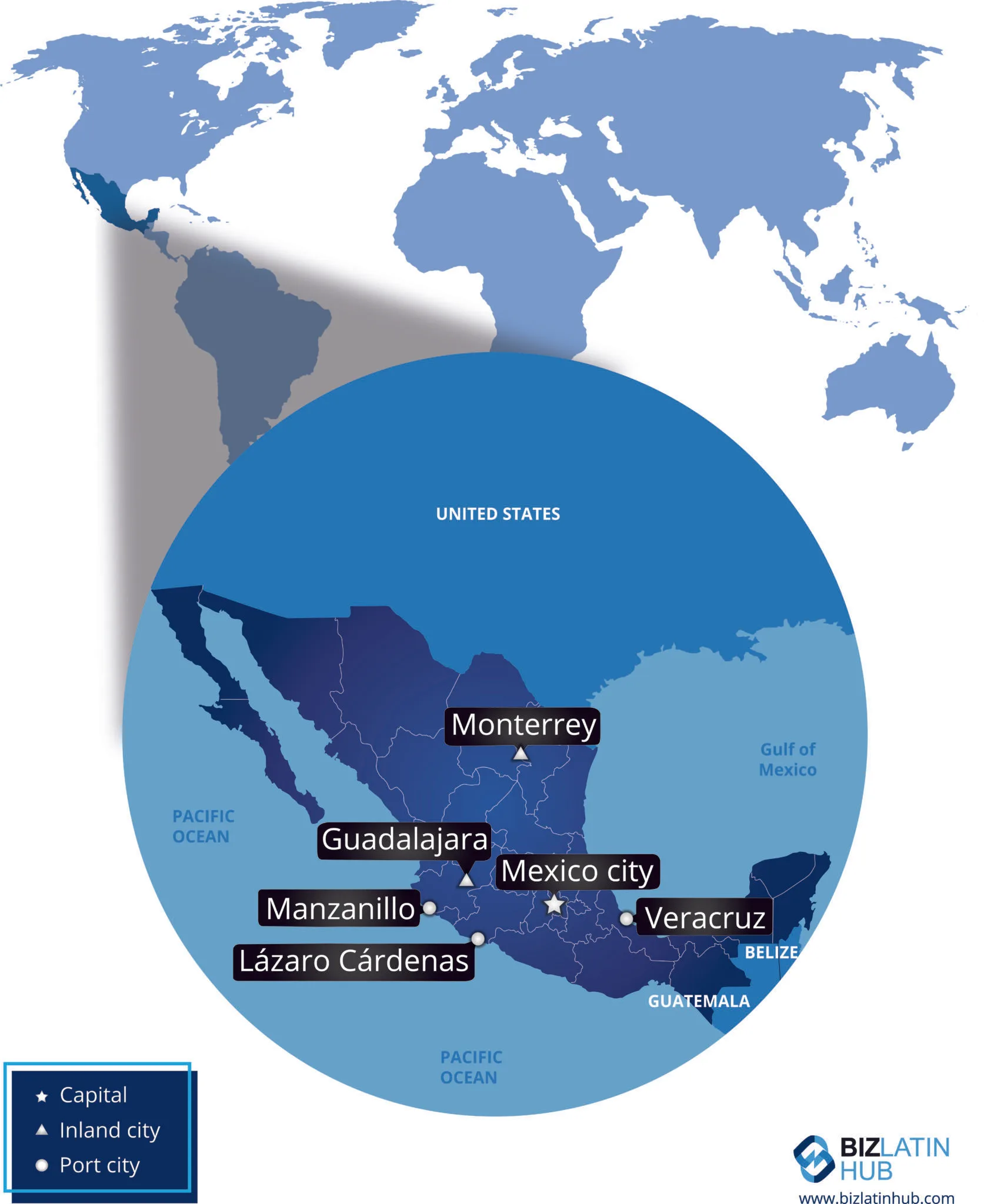 Mapa do México, localizado na América do Norte