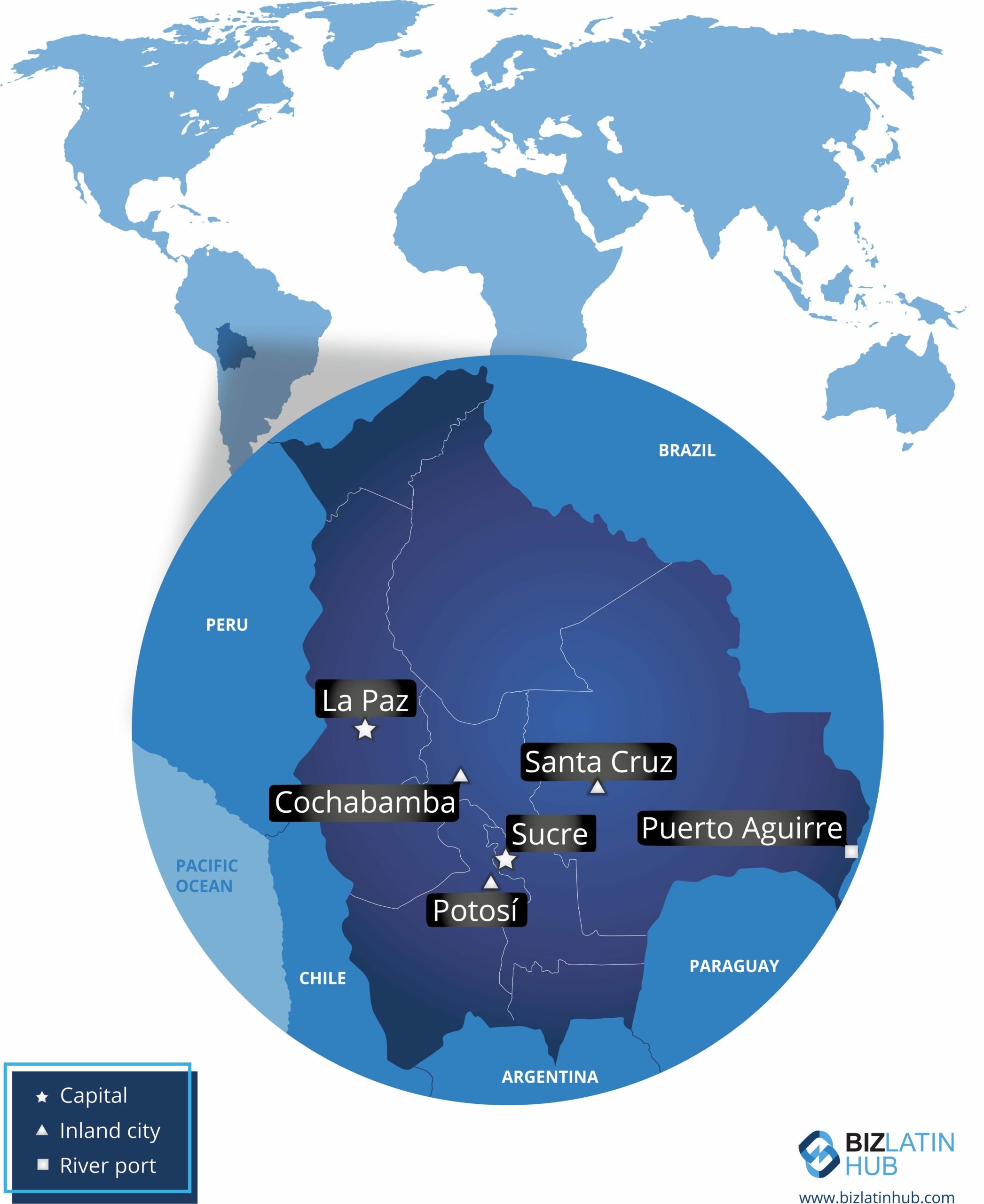 Mapa de Bolivia en el que se destacan las principales ciudades y puertos. La Paz está marcada como capital. Las ciudades del interior incluyen Santa Cruz, Cochabamba, Potosí y Sucre. Puerto Aguirre se identifica como puerto fluvial. El mapa también muestra los países circundantes: Perú, Brasil, Chile, Argentina y Paraguay para el visado de negocios en Bolivia.    