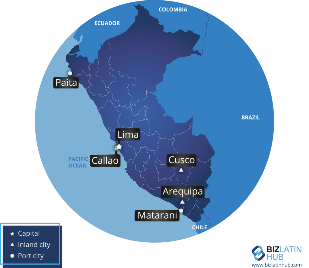 Map of Peru and its main cities, by Biz Latin Hub. You may wish to undertake product registration in Peru.