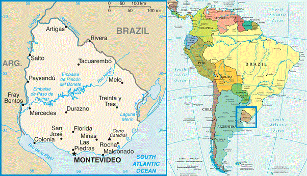 A map of Uruguay and its location in South America. Uruguay is a country where you may wish to get background checks done on staff.