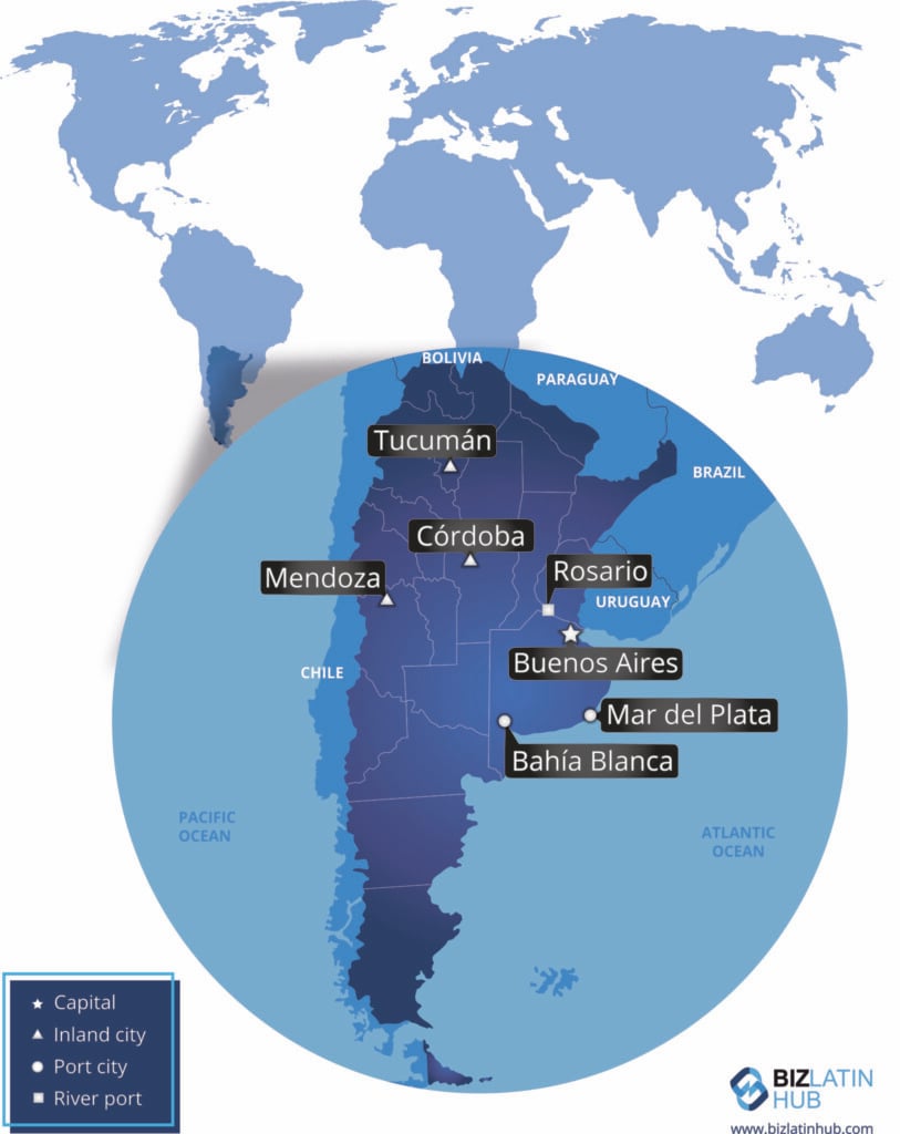 The graphic highlights Argentina’s main cities, most popular for conducting business. A Professional Employer Organization in Argentina can assist your company in integrating within the country. PEO in Argentina