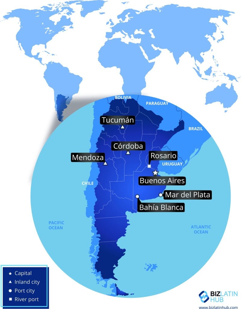 The graphic highlights Argentina’s main cities, most popular for conducting business. A Professional Employer Organization in Argentina can assist your company in integrating within the country. PEO in Argentina