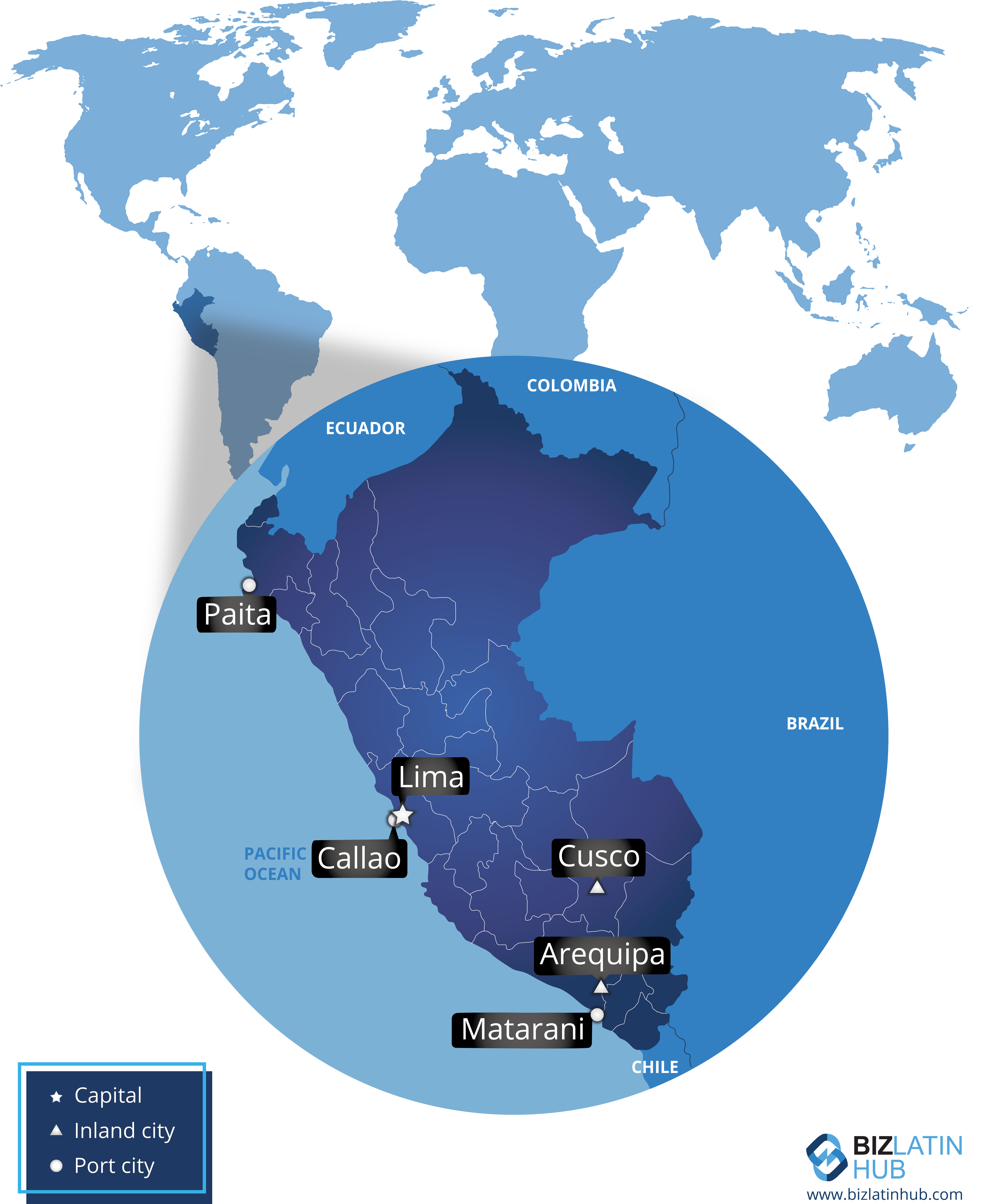 Mapa de Perú y sus principales ciudades, por Biz Latin Hub. Es posible que desee realizar el registro del producto en Perú.