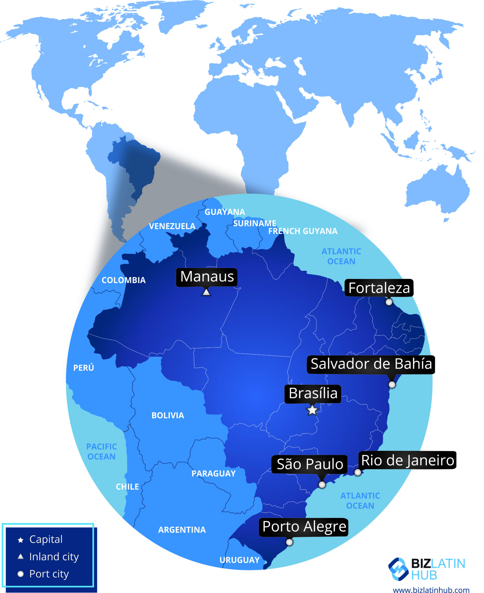 Mapa do Brasil e de suas principais cidades, muito útil para investidores que pretendem abrir um negócio no Brasil.