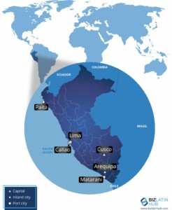 Um mapa-múndi destaca a América do Sul, com foco no Peru. As principais cidades marcadas incluem Lima, Callao, Cusco, Arequipa, Paita e Matarani. O mapa distingue as capitais, as cidades do interior e as cidades portuárias. Ideal para quem busca o registro de produtos no Peru, o logotipo do BizLatin Hub aparece no canto inferior direito.   