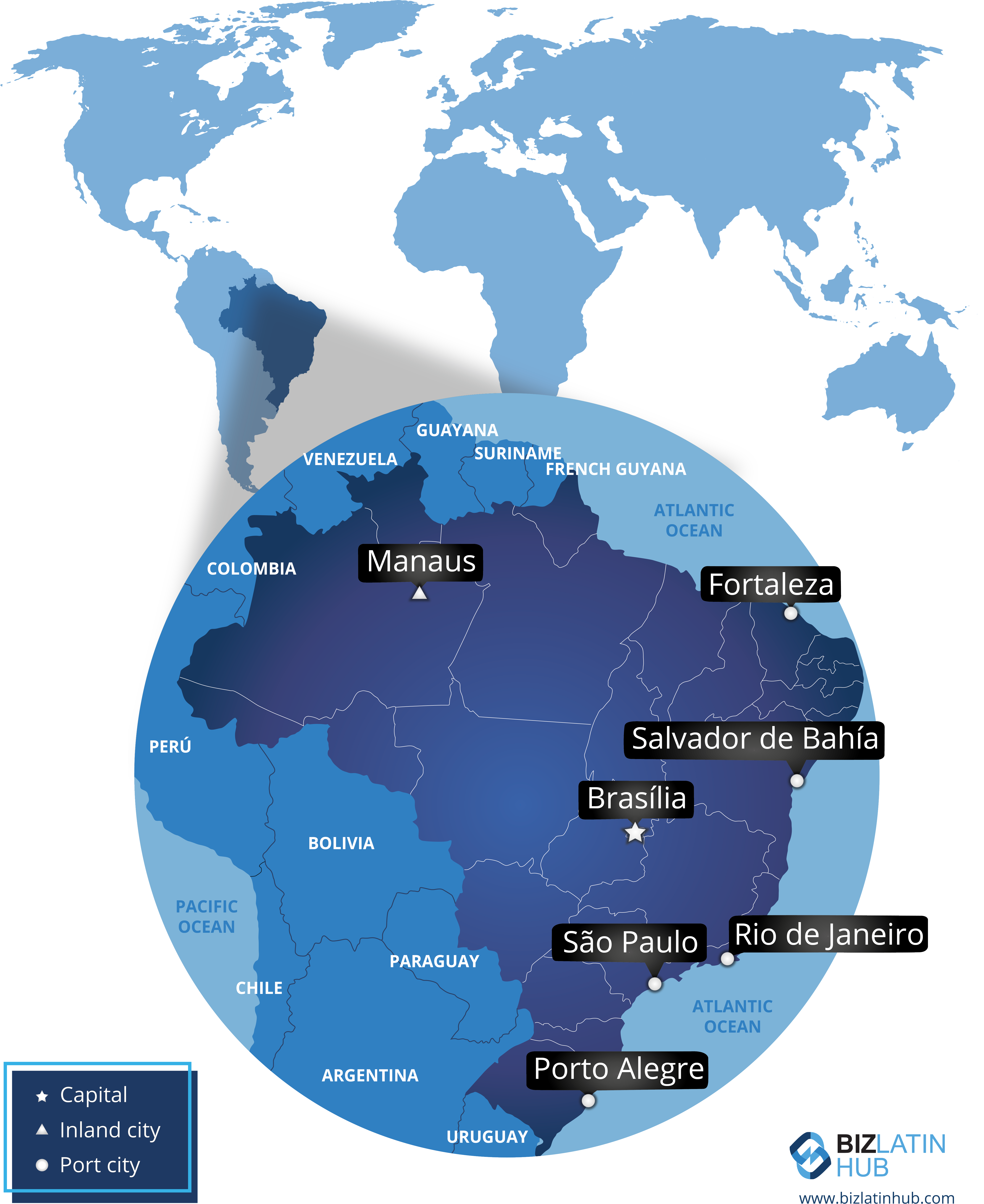 Mapa que localiza o Brasil no mundo e representa suas principais cidades 