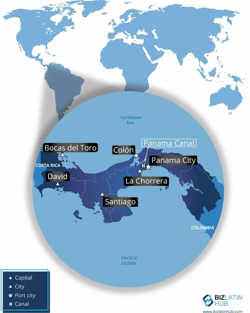 Um mapa do Panamá destacando os principais locais, ideal para quem está pensando em formar uma LLC no Panamá.
A capital, Cidade do Panamá, está marcada, juntamente com Bocas del Toro, Colón, David, La Chorrera e Santiago.
O mapa também apresenta o Canal do Panamá e inclui o Mar do Caribe e o Oceano Pacífico ao redor.