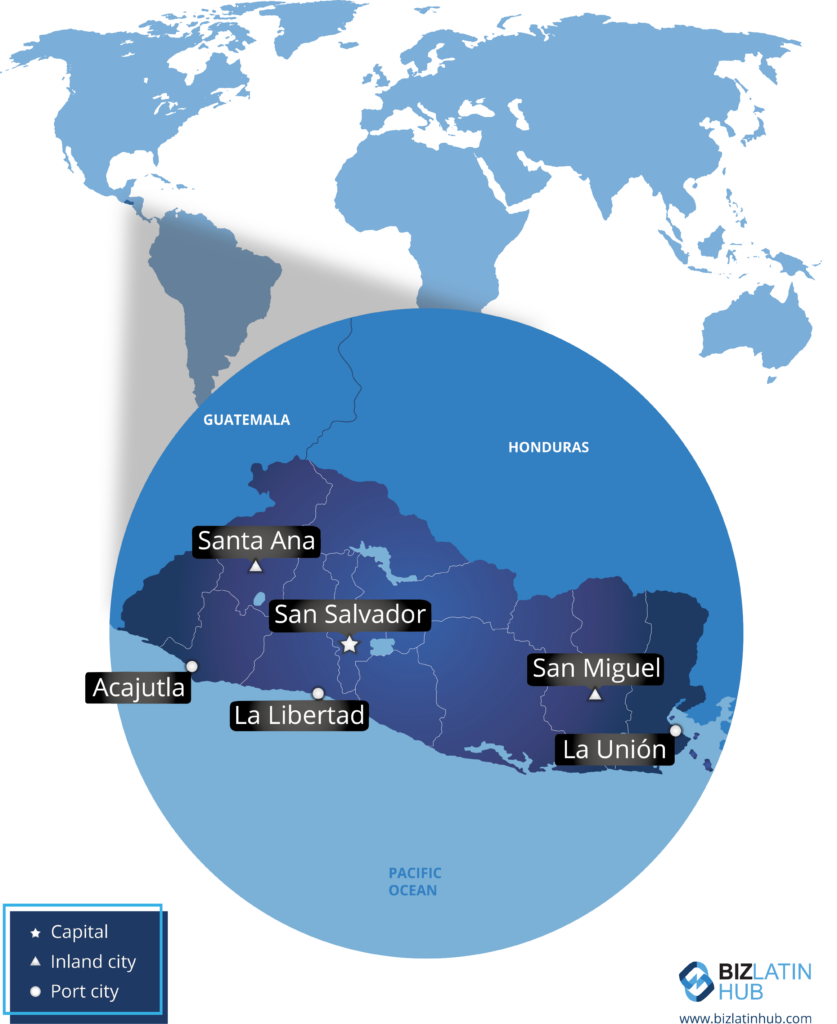 A map of El Salvador and its main cities. Starting a business in El Salvador may be an inticing option for you.