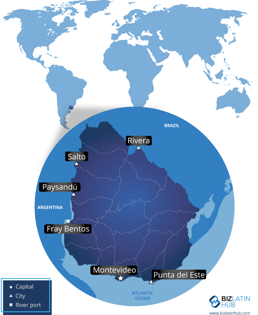 A map of Uruguay and some of its main cities. You may be interested in fintech in this highly-developed South American nation.