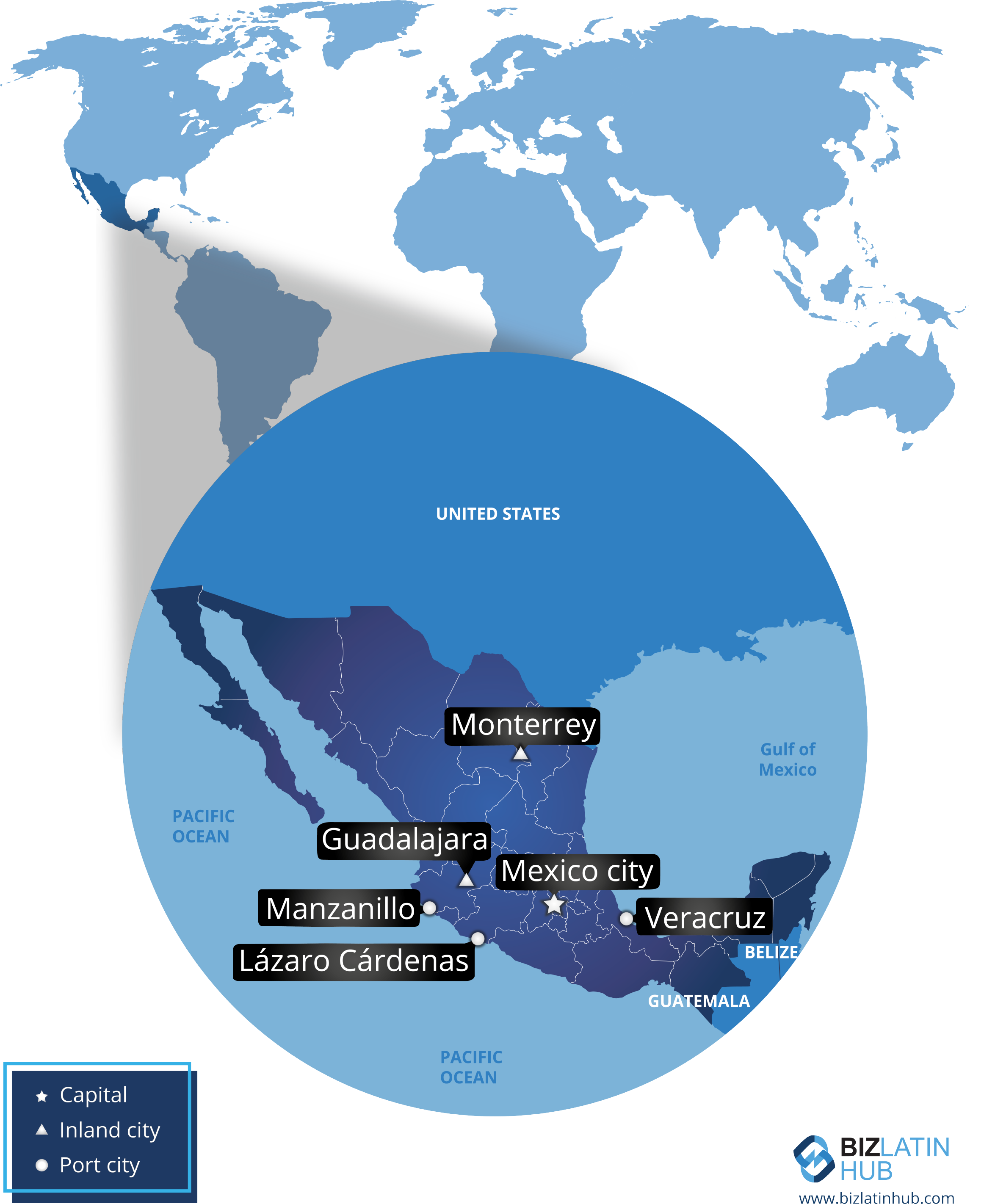 Ubicación geográfica de México y sus principales ciudades