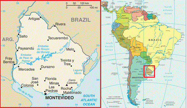 Um mapa do Uruguai e sua localização na América do Sul