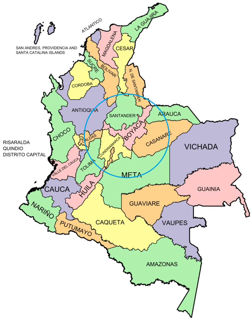 A map highlighting the departments of Boyacá and Cundinamarca, which produce Colombia emeralds
