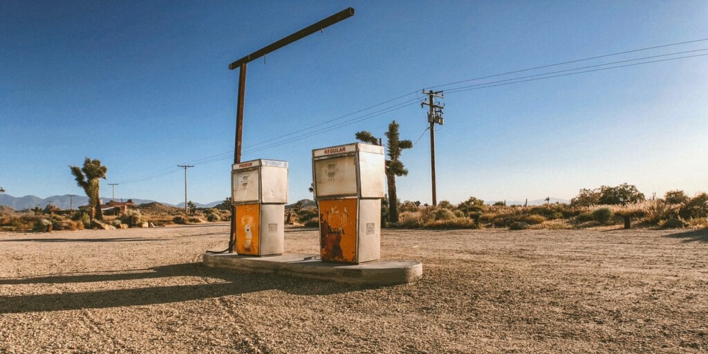 An old gas station in the United States, where gasoline prices are low