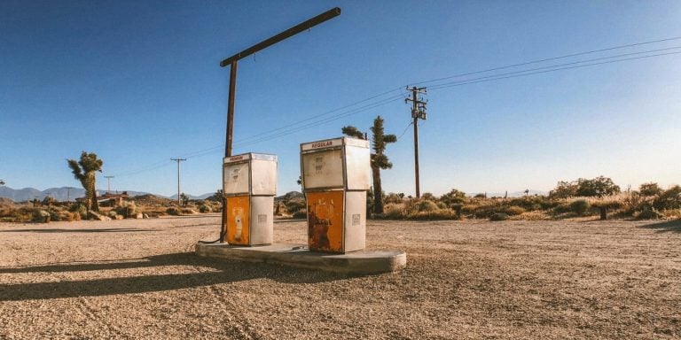 An old gas station in the United States, where gasoline prices are low