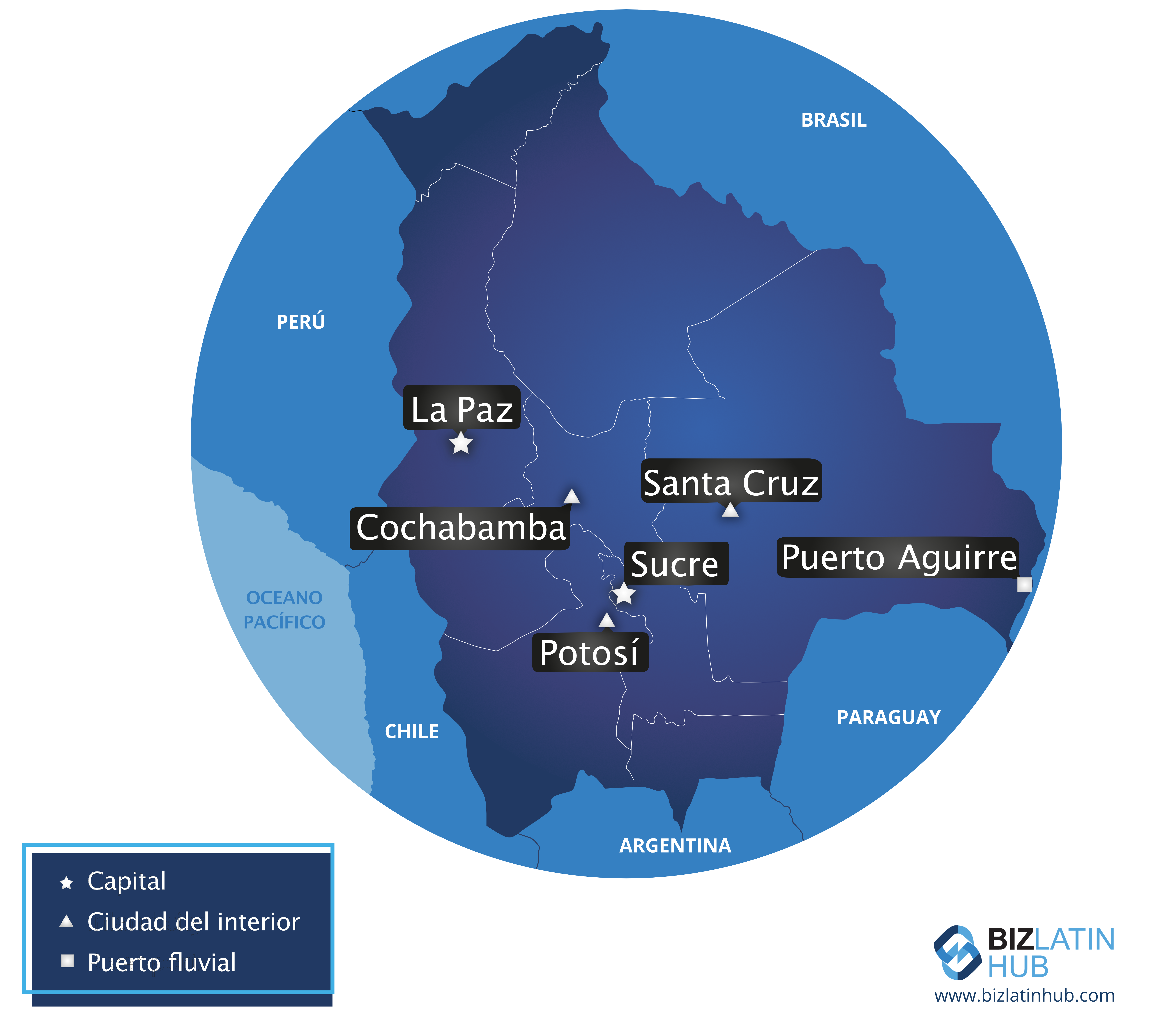 Mapa de Bolivia y algunas de sus principales ciudades, incluyendo Cochabamba