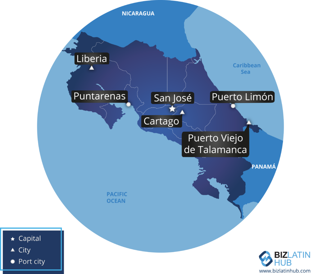 A map of Costa Rica and some of its key cities. Companies in Costa Rica must conform with financial regulatory compliance
