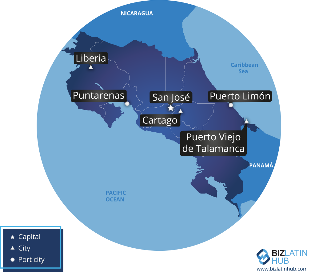 A map of Costa Rica and some of its key cities. Companies in Costa Rica must conform with financial regulatory compliance