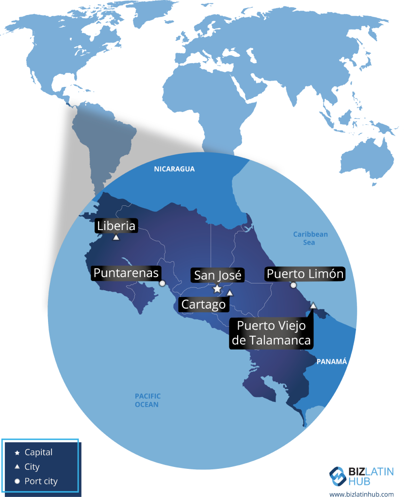 A BLH infographic of a map of Costa Rica and some of its main cities. Digital nomads are encouraged to consider moving to Costa Rica by a recently passed law.