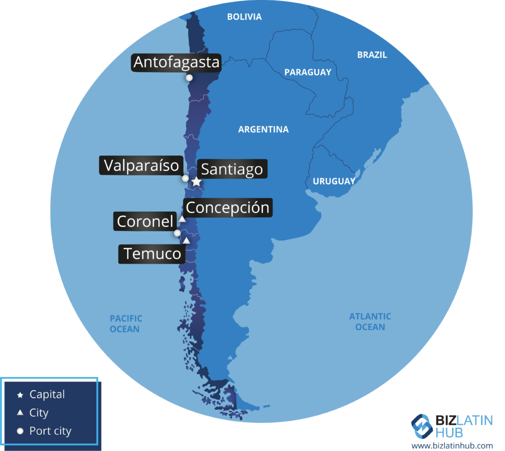 Map of Chile with its main cities and ports, for an article about PEO in Chile