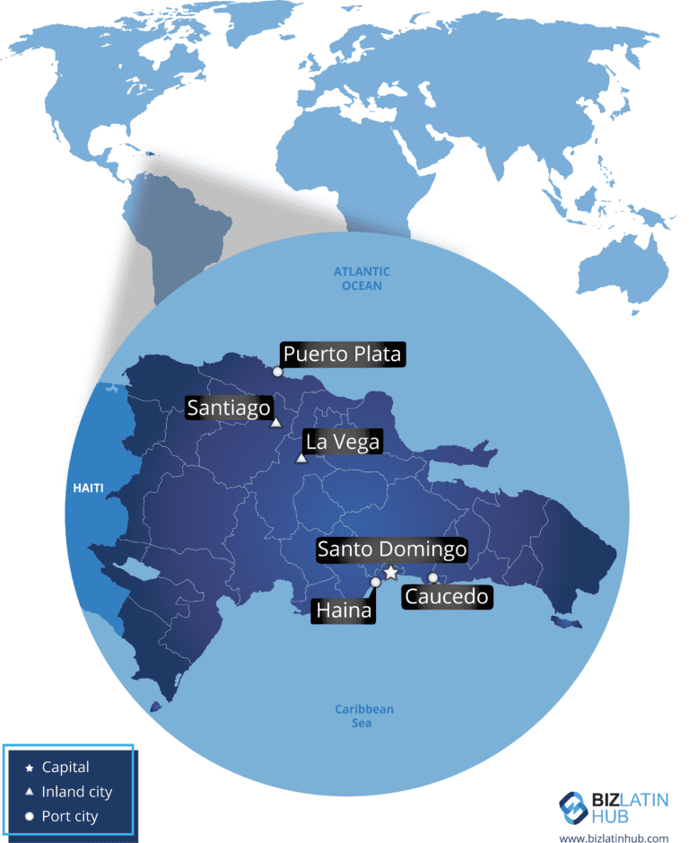 Un mapa de la República Dominicana y algunas de sus principales ciudades, donde puede estar interesado en la externalización de la nómina