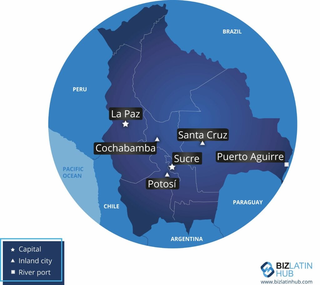 Un mapa de Bolivia y algunas de sus principales ciudades para acompañar una guía de derecho laboral en Bolivia