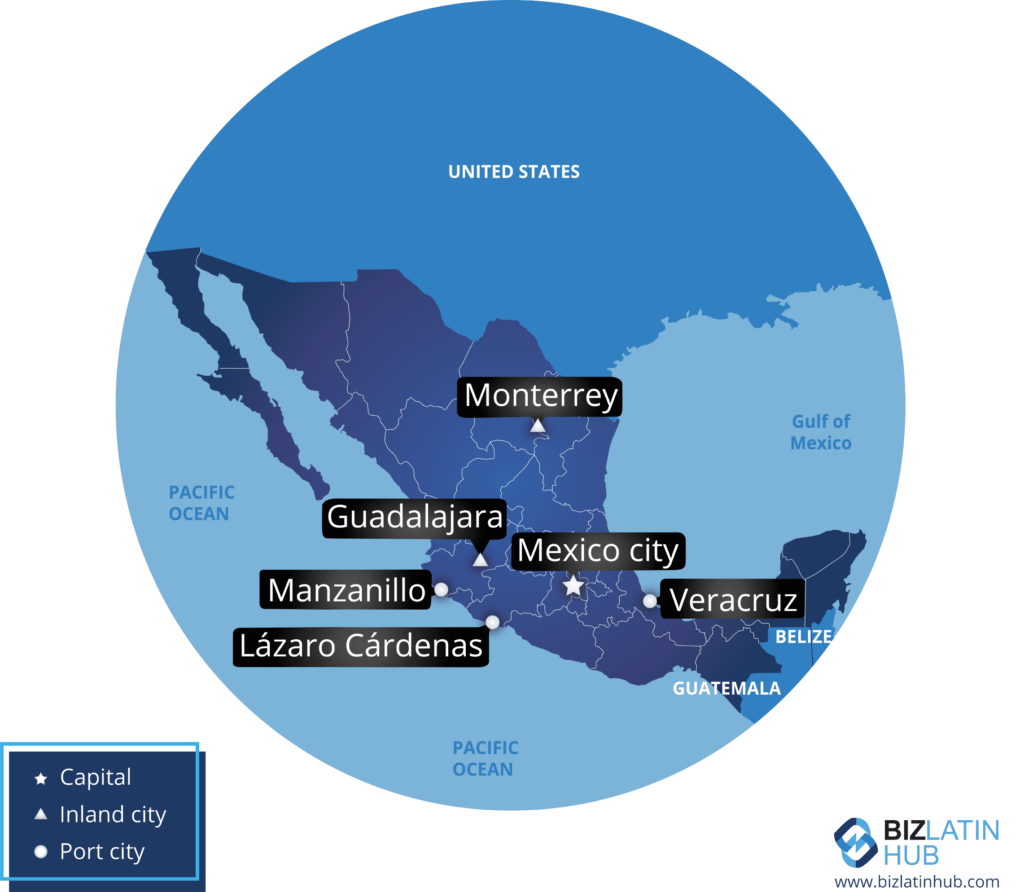 A Biz Latin Hub map of Mexico and some key cities, the featured image for our Mexico work visa article.