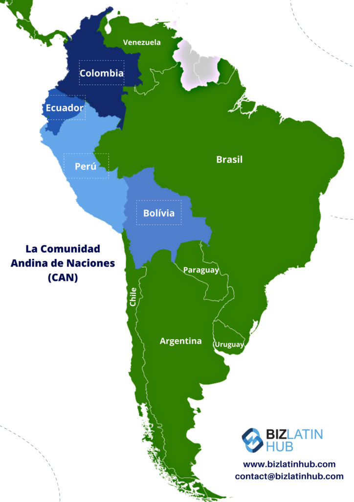 Una infografía de Biz Latin Hub que muestra la Comunidad Andina, donde una nueva base de datos de trademakr aumenta la integración