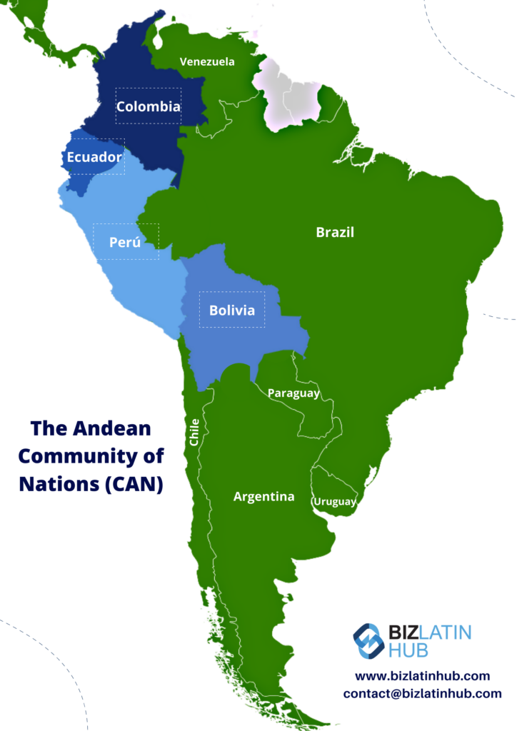 A Biz Latin Hub infographic showing the Andean Community, where a new trademakr database increases integration