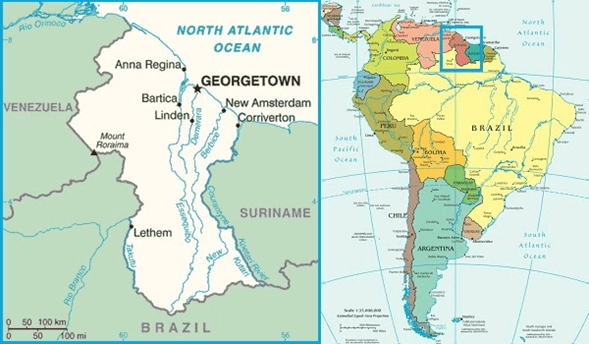 Mapa de Guyana y su ubicación dentro de América del Sur. Información util para empezar un proceso de Formación de empresas en Guyana