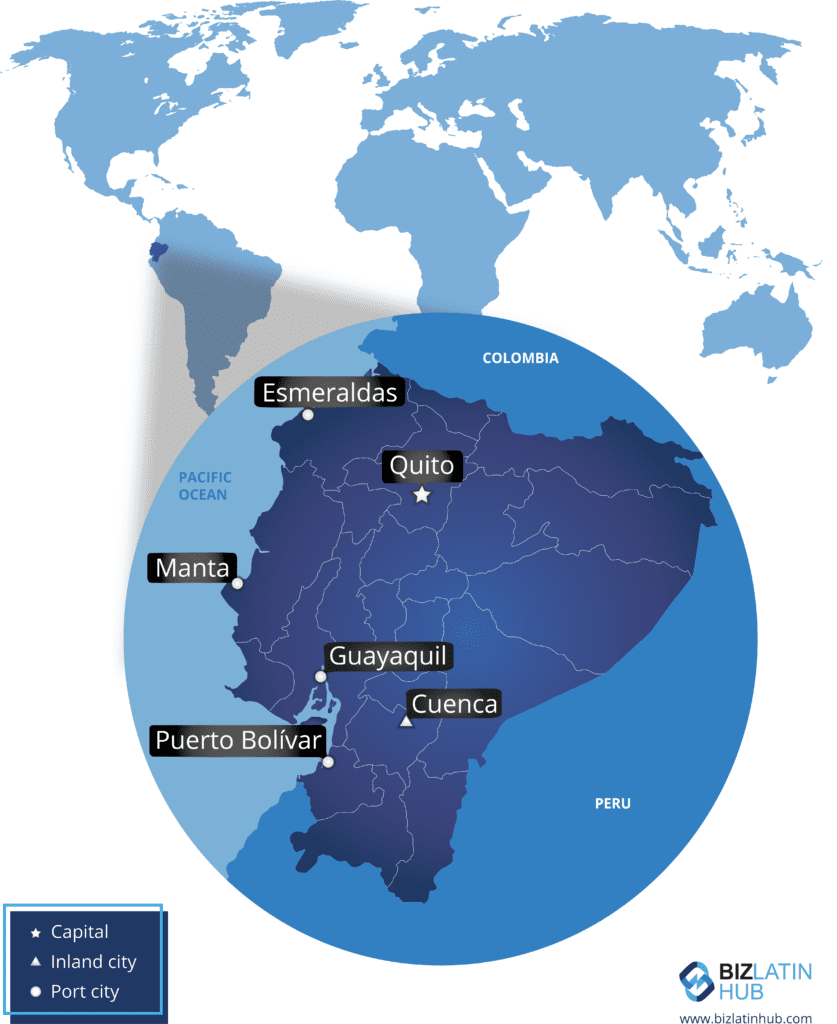 Un mapa de Ecuador y algunas de sus ciudades clave. Usted puede querer formar una corporación SAS en Ecuador