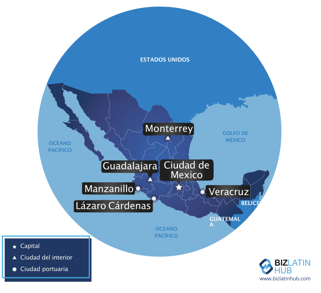 Un mapa de México de Biz Latin Hub y algunas ciudades clave, la imagen destacada de nuestro artículo sobre la visa de trabajo en México.