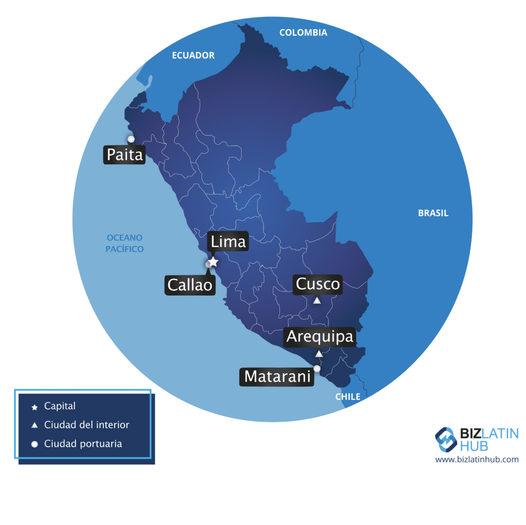 Un gráfico de Biz Latin Hub de un mapa de Perú y algunas ciudades principales, que acompaña a un artículo sobre el cumplimiento de la normativa financiera en Perú.
