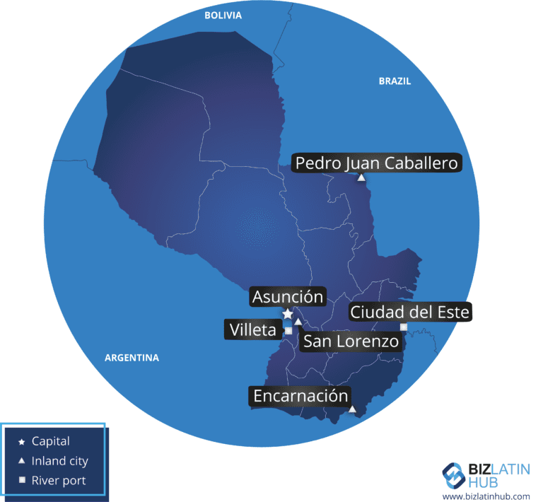 Um mapa do Paraguai e de algumas de suas principais cidades. Você vai querer procurar um bom advogado para apoiá-lo em seus negócios no país.