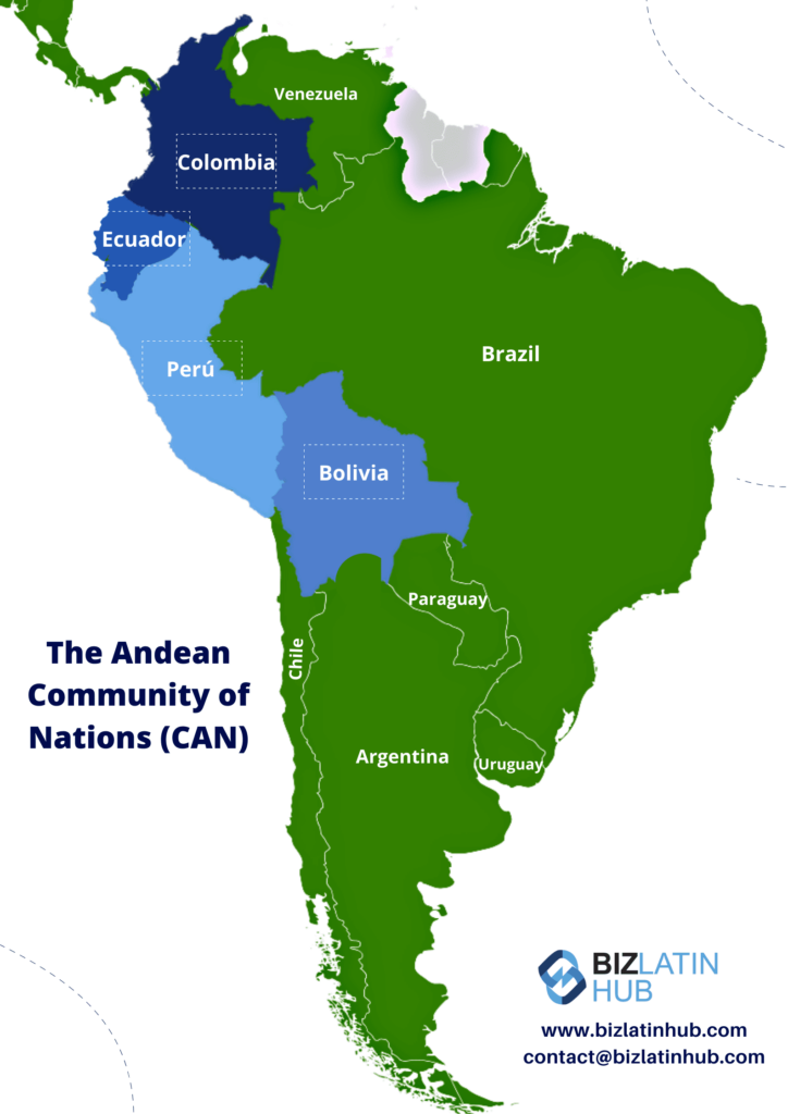 A Biz Latin Hub graphic of a map of the Andean Community of Nations (CAN)
