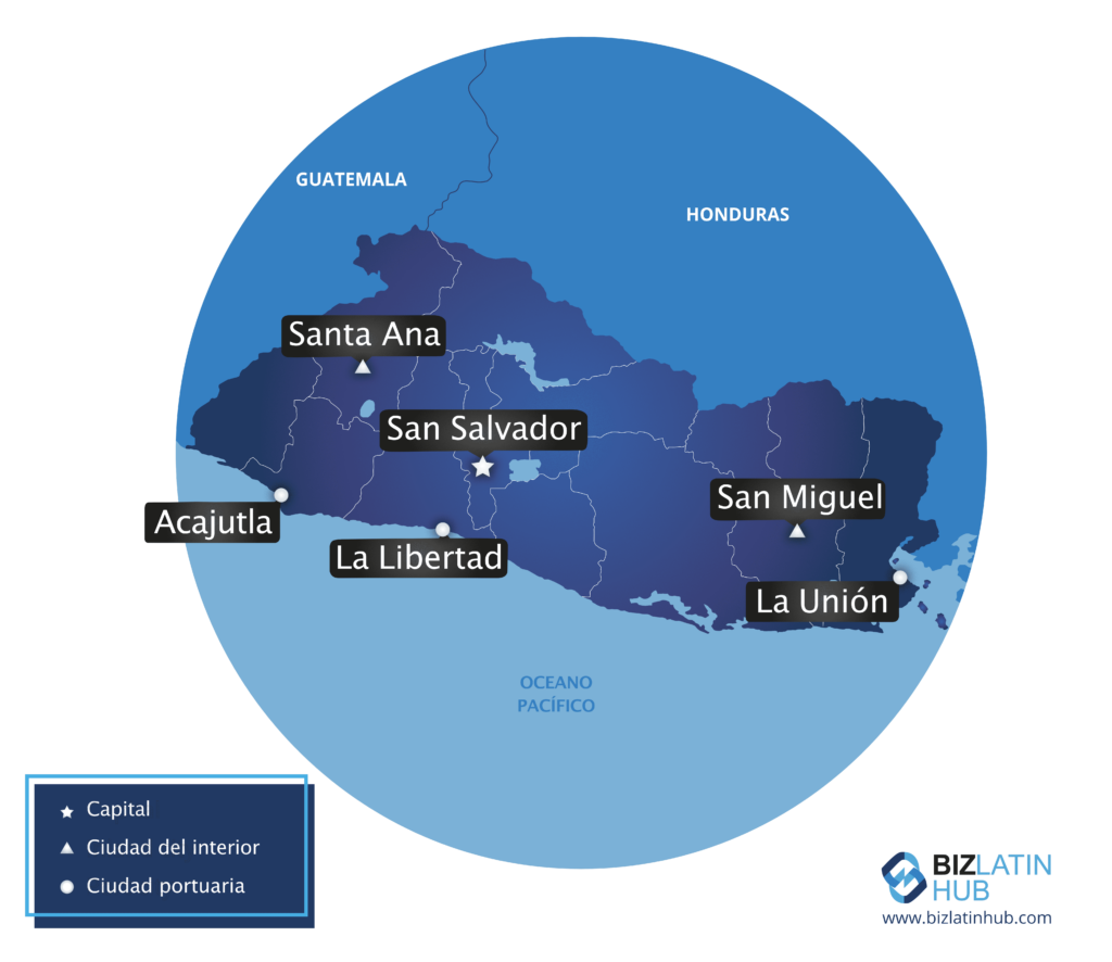 Un mapa de El Salvador y algunas ciudades clave que acompañan a una guía de derecho laboral en El Salvador